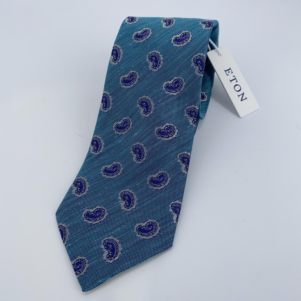 Eton Tie Mens One Size Teal Blue‎ Paisley Silk Linen Necktie Made Italy